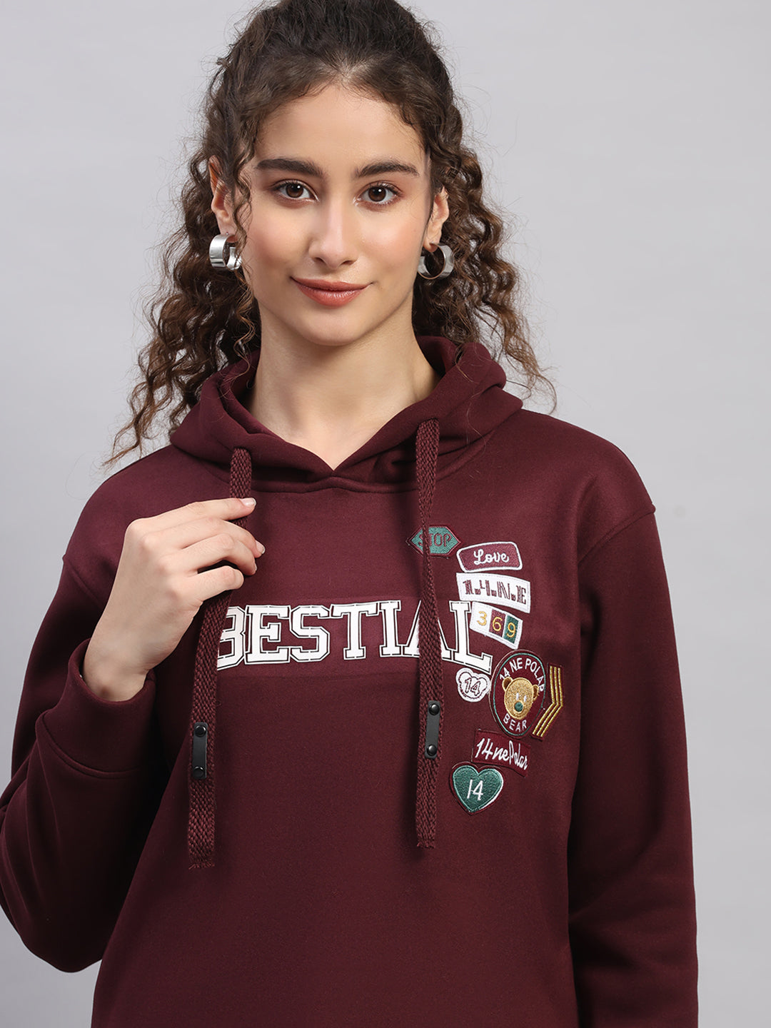Women Burgundy Printed Hooded Full Sleeve Sweatshirt