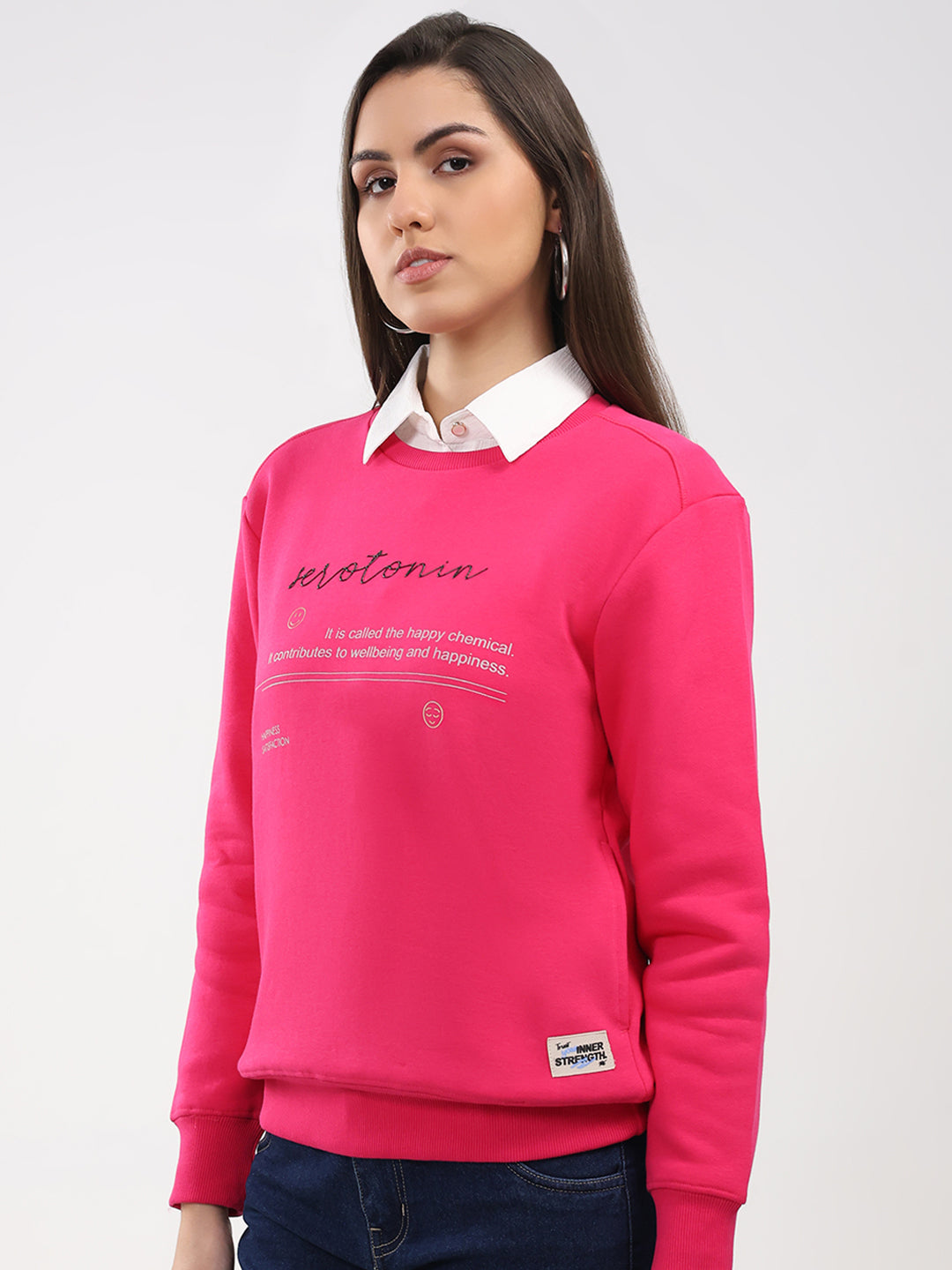 Women Magenta Printed Round Neck Full Sleeve Sweatshirt