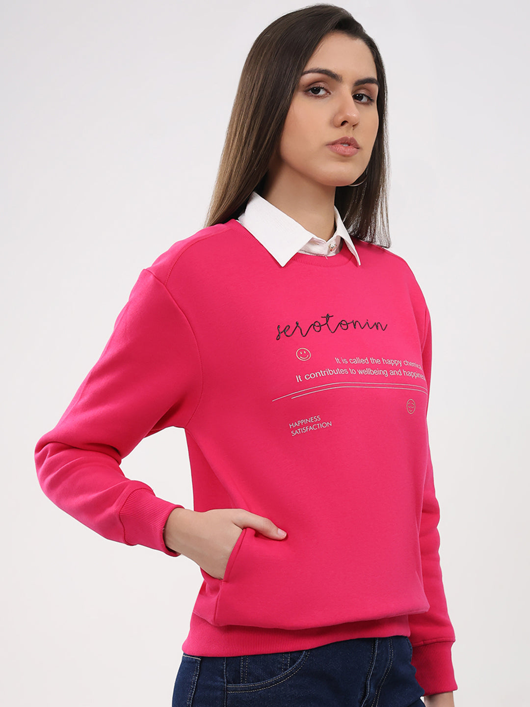 Women Magenta Printed Round Neck Full Sleeve Sweatshirt
