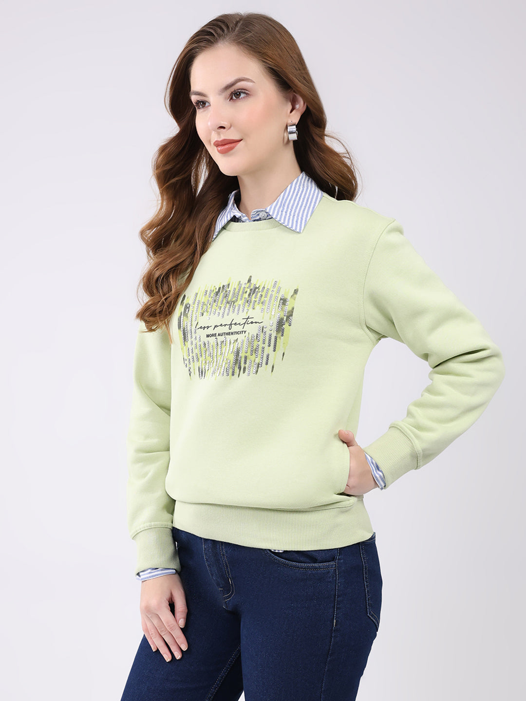 Women Green Printed Round Neck Full Sleeve Sweatshirt