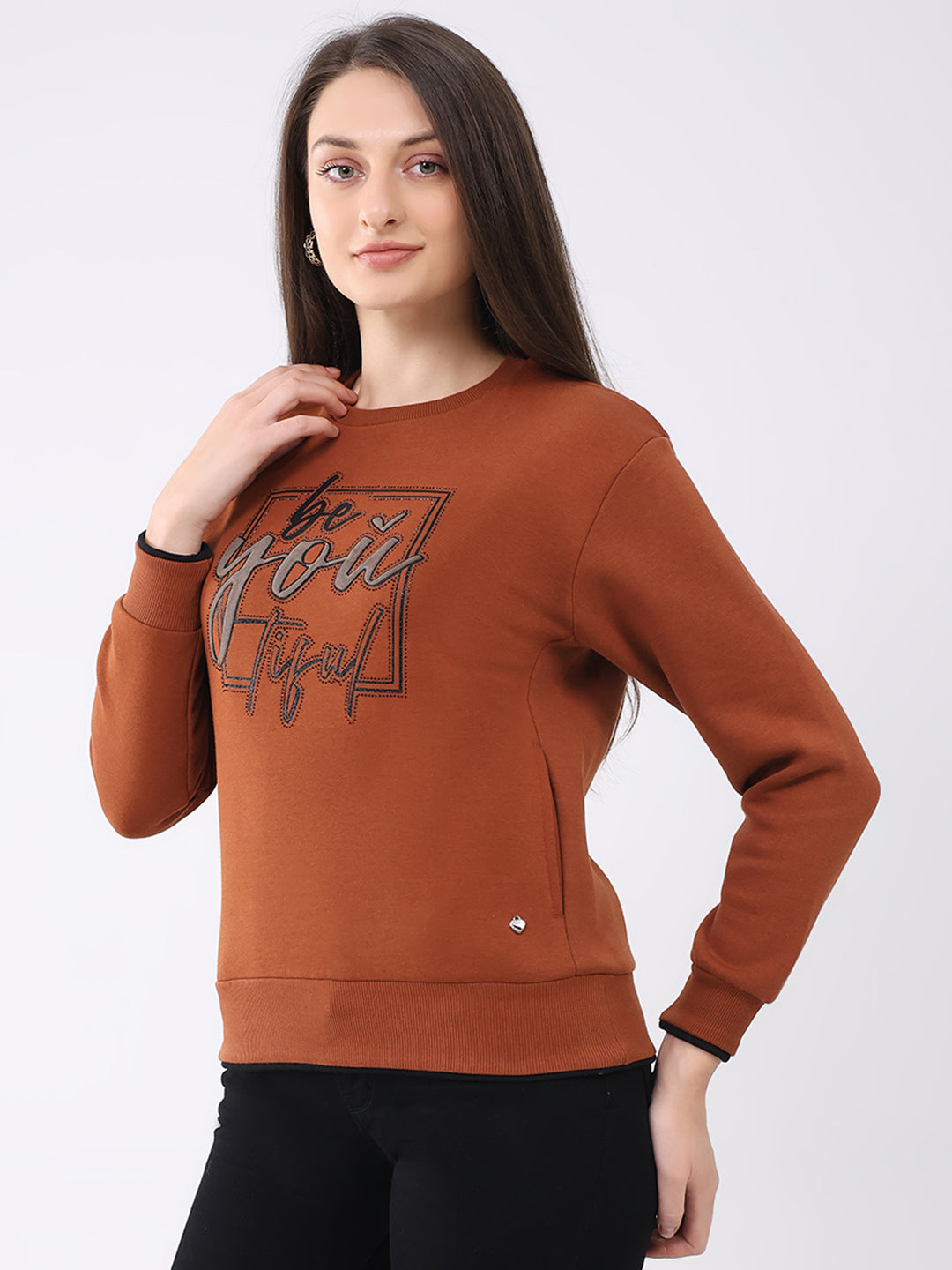 Women Rust Printed Round Neck Full Sleeve Sweatshirt