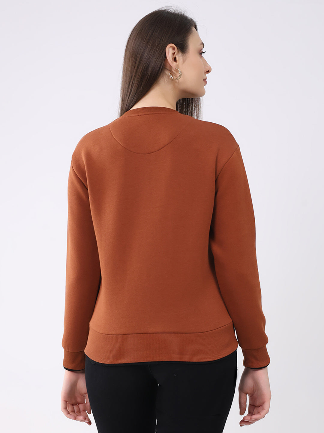 Women Rust Printed Round Neck Full Sleeve Sweatshirt