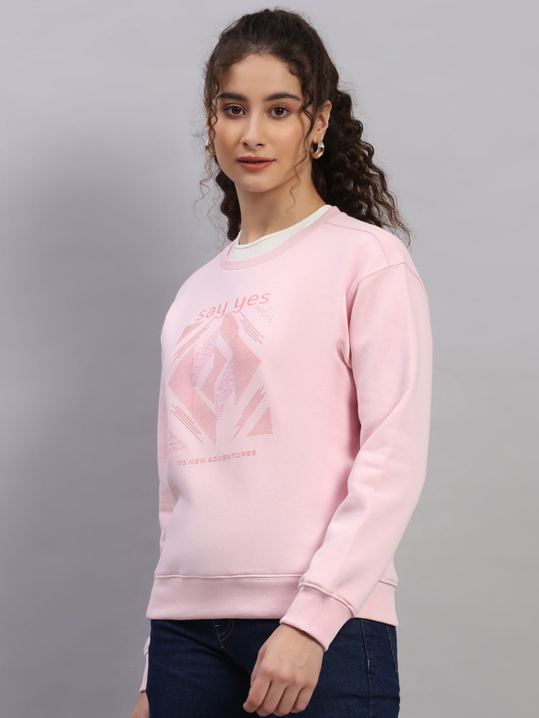 Women Pink Printed Round Neck Full Sleeve Sweatshirt