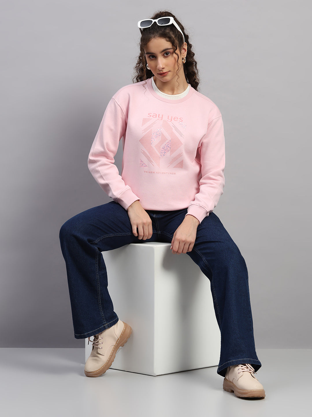 Women Pink Printed Round Neck Full Sleeve Sweatshirt