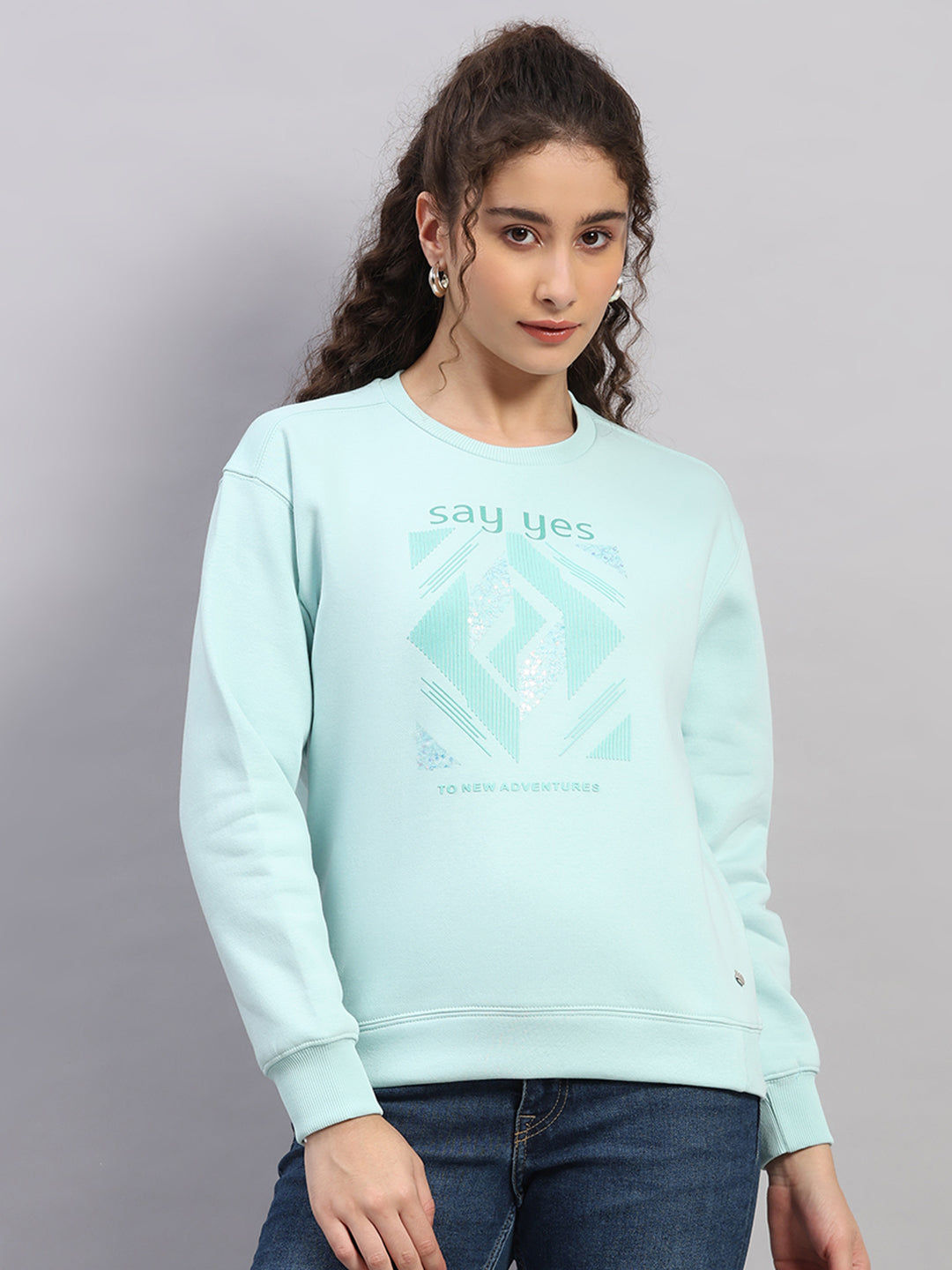 Women Sea Green Printed Round Neck Full Sleeve Sweatshirt