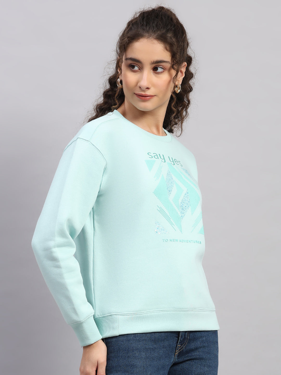 Women Sea Green Printed Round Neck Full Sleeve Sweatshirt