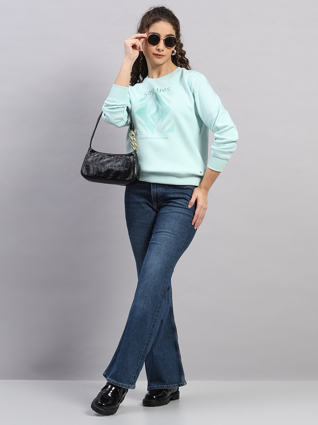 Women Sea Green Printed Round Neck Full Sleeve Sweatshirt