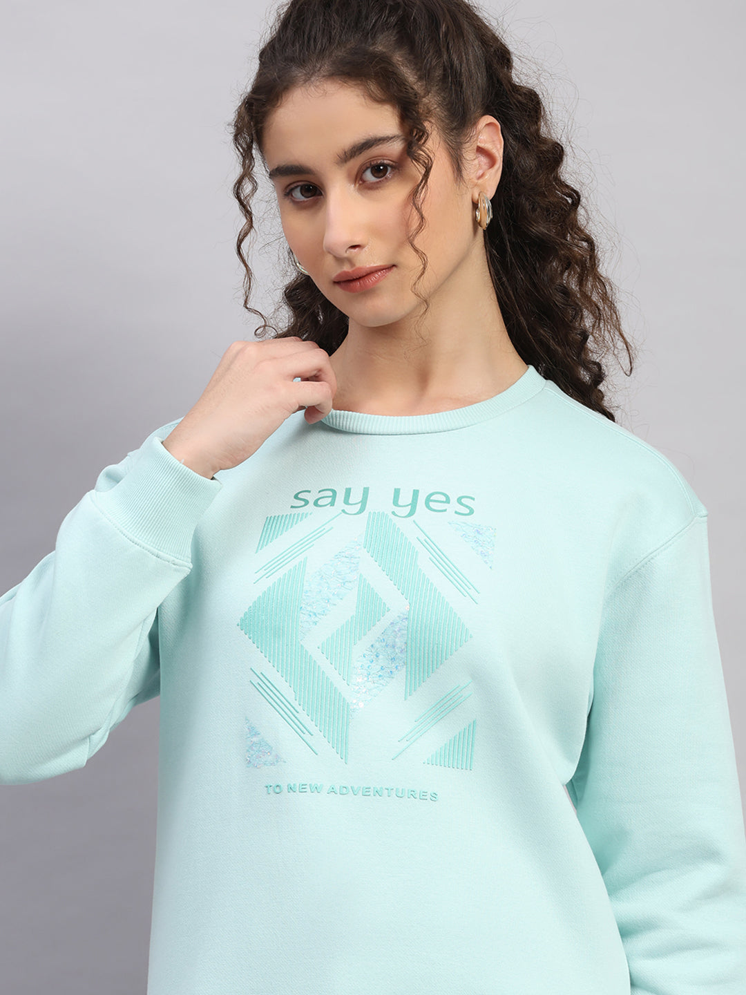 Women Sea Green Printed Round Neck Full Sleeve Sweatshirt