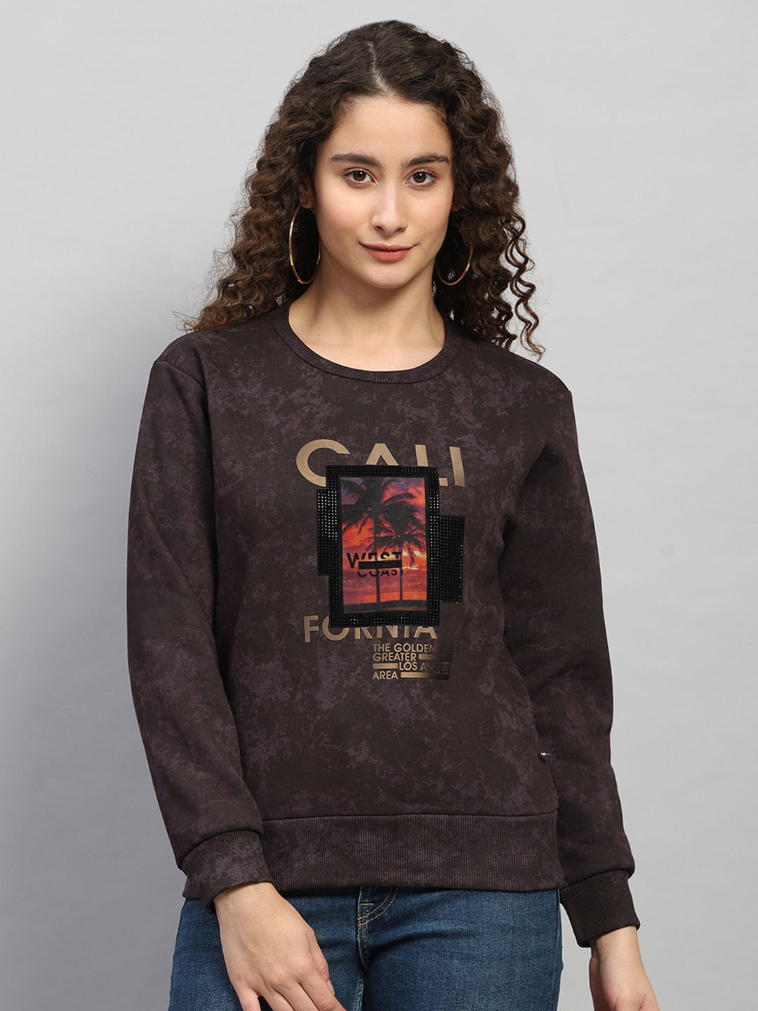 Women Purple Printed Round Neck Full Sleeve Sweatshirt