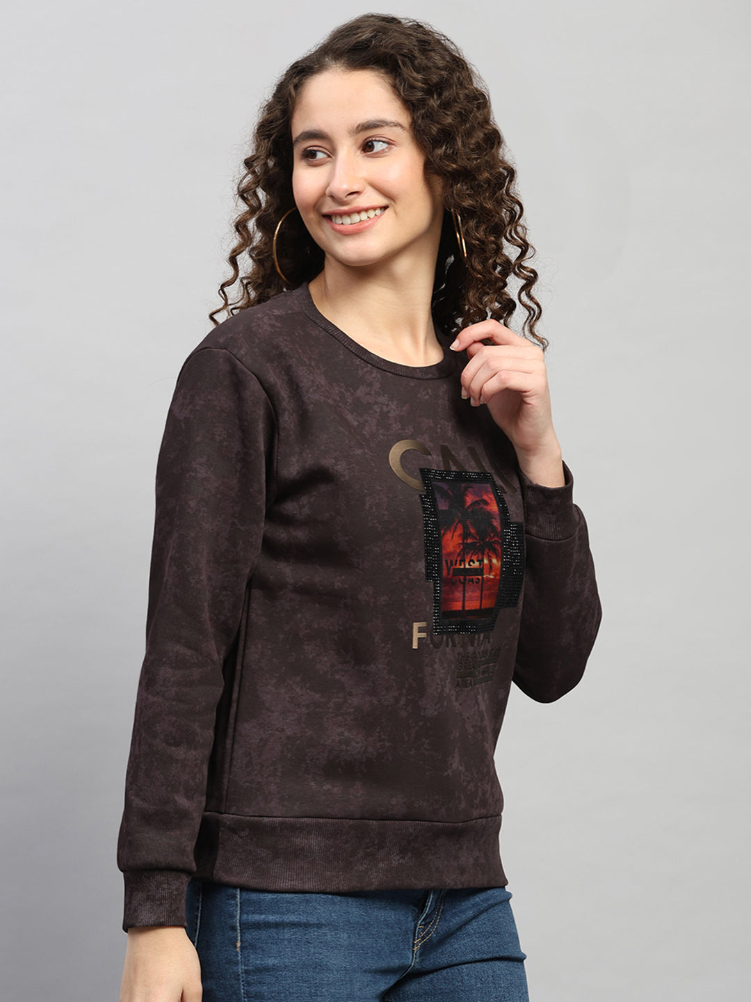 Women Purple Printed Round Neck Full Sleeve Sweatshirt