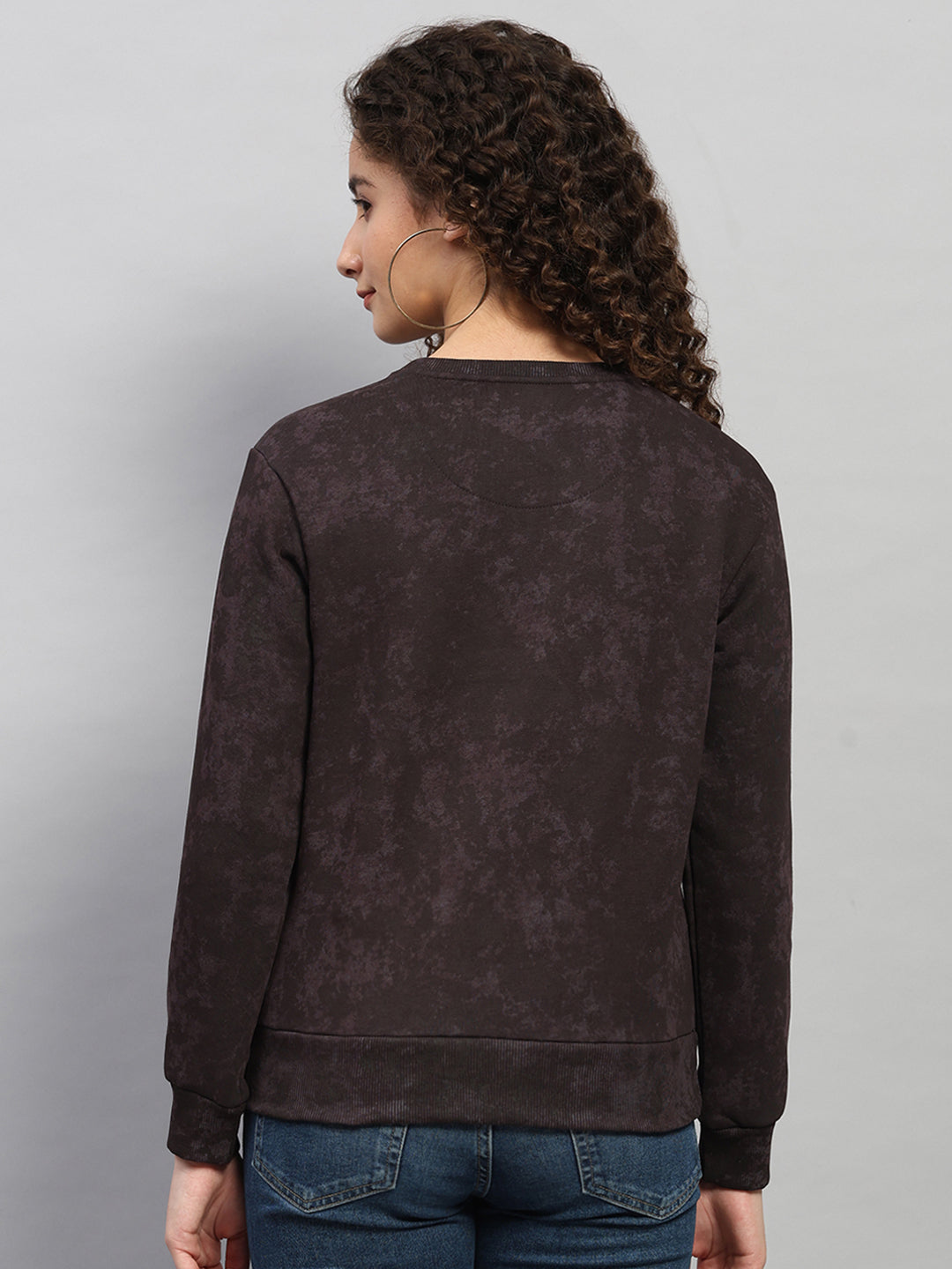 Women Purple Printed Round Neck Full Sleeve Sweatshirt