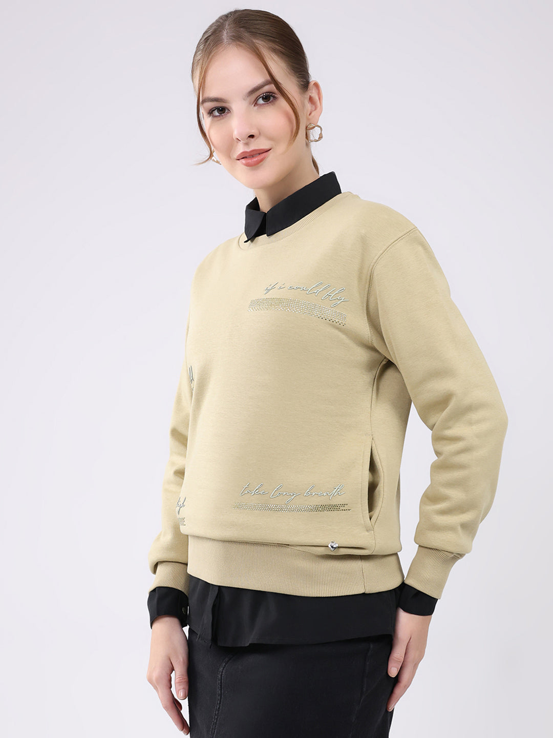 Women Beige Printed Round Neck Full Sleeve Sweatshirt