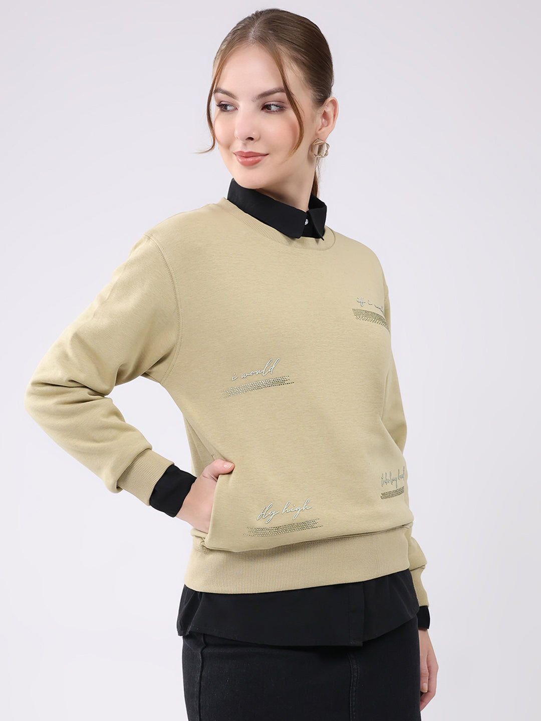 Women Beige Printed Round Neck Full Sleeve Sweatshirt