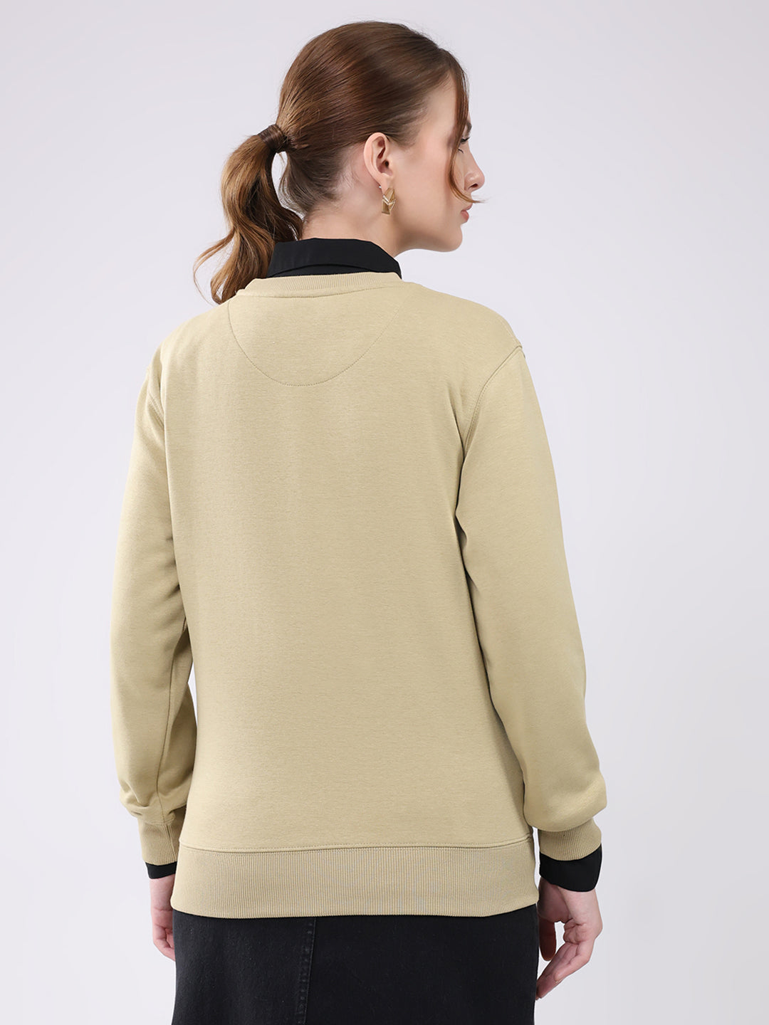 Women Beige Printed Round Neck Full Sleeve Sweatshirt