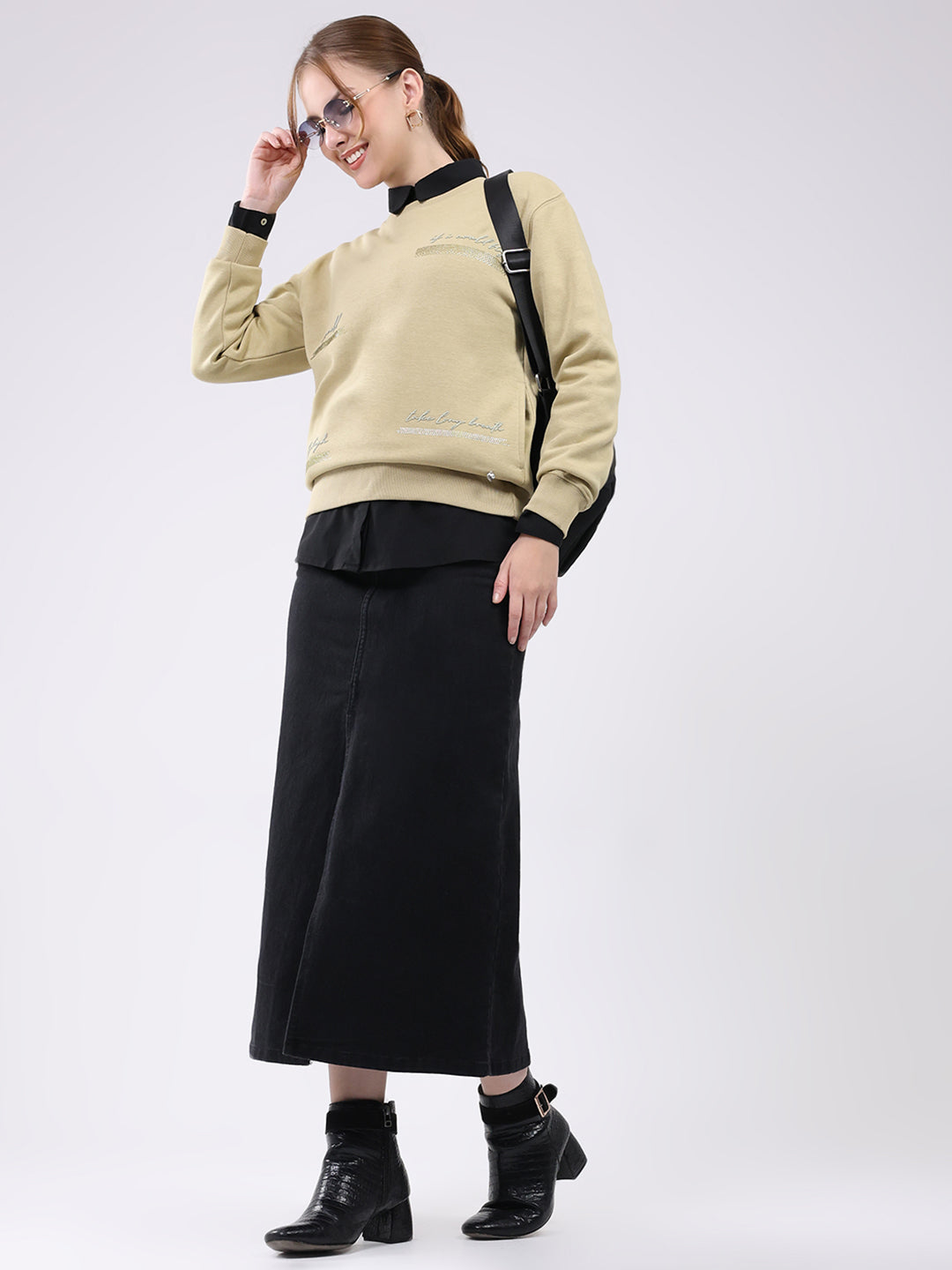 Women Beige Printed Round Neck Full Sleeve Sweatshirt