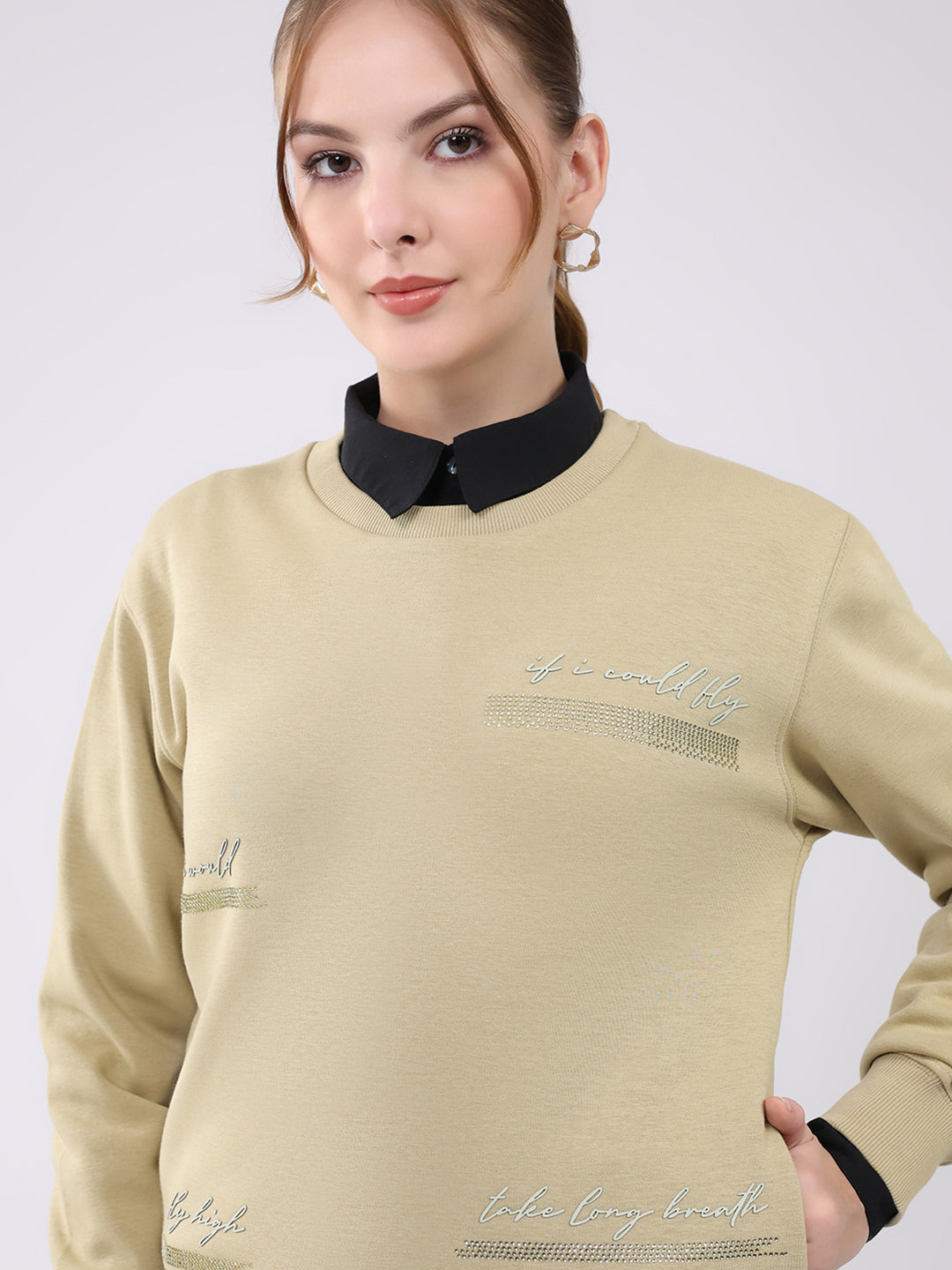 Women Beige Printed Round Neck Full Sleeve Sweatshirt