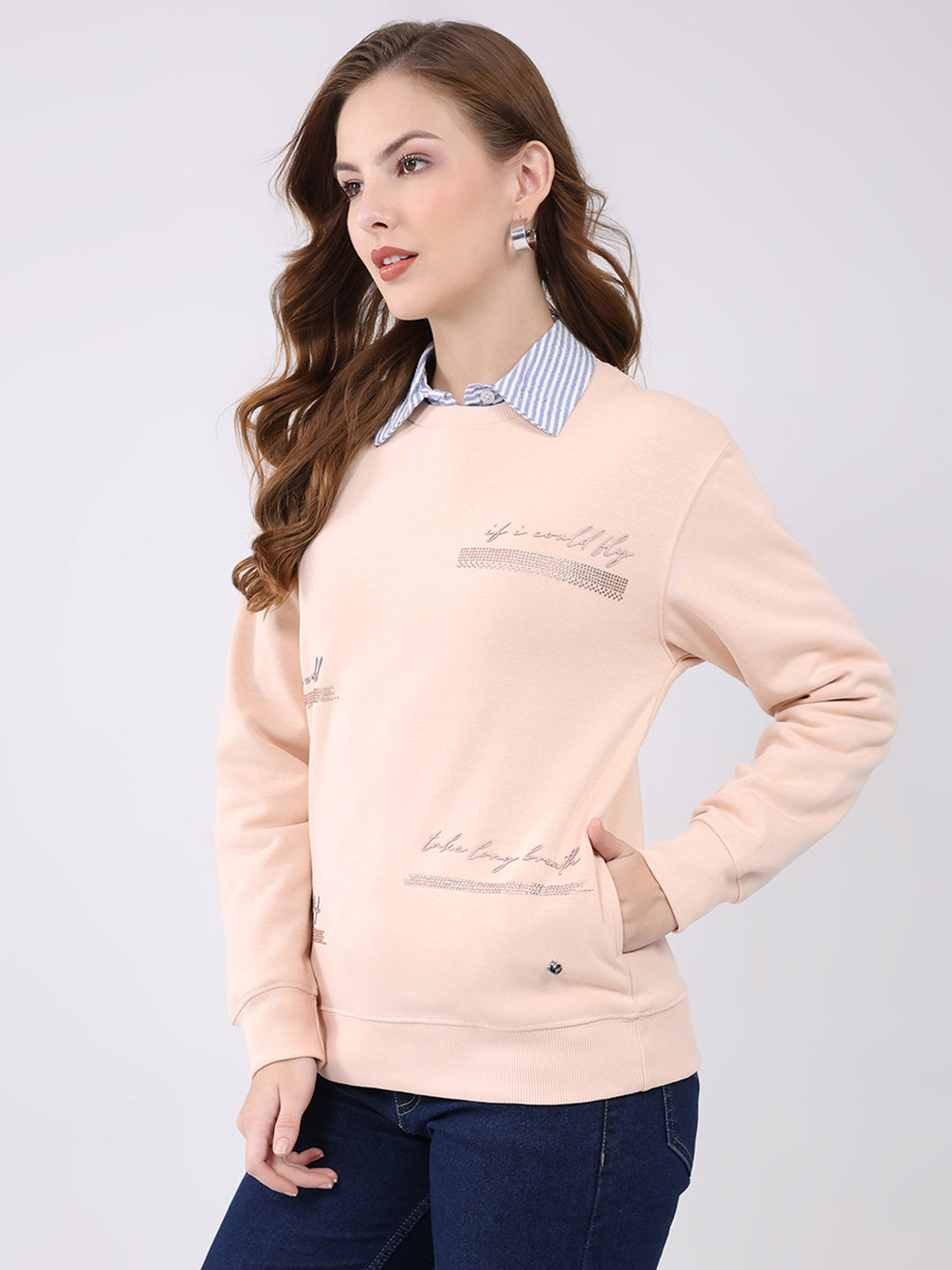 Women Peach Printed Round Neck Full Sleeve Sweatshirt