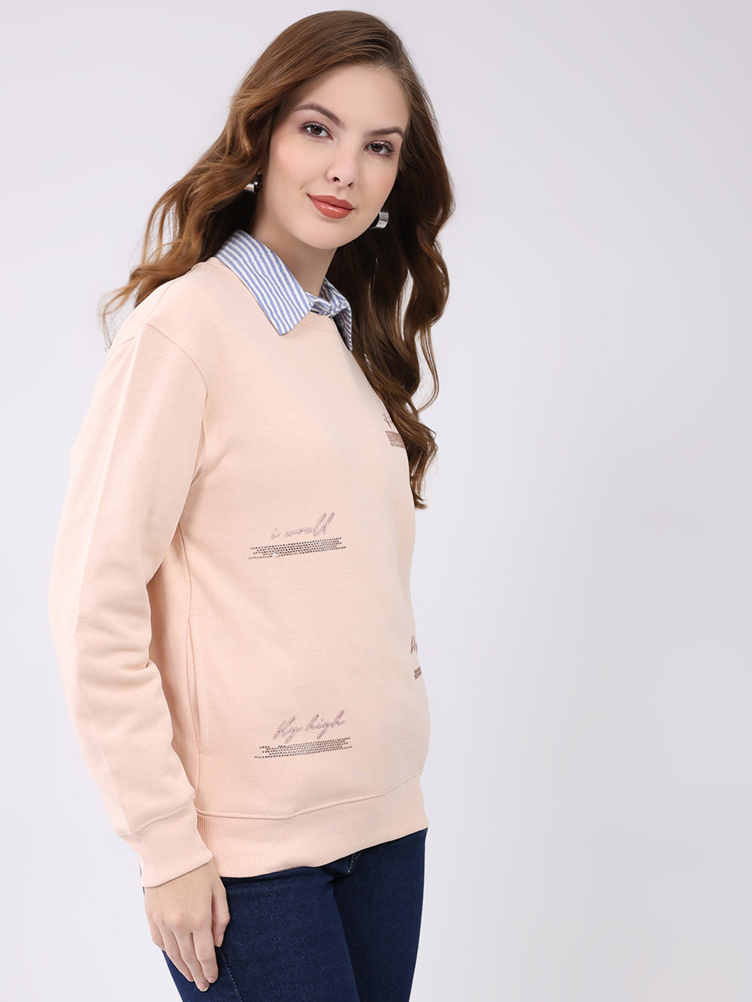 Women Peach Printed Round Neck Full Sleeve Sweatshirt