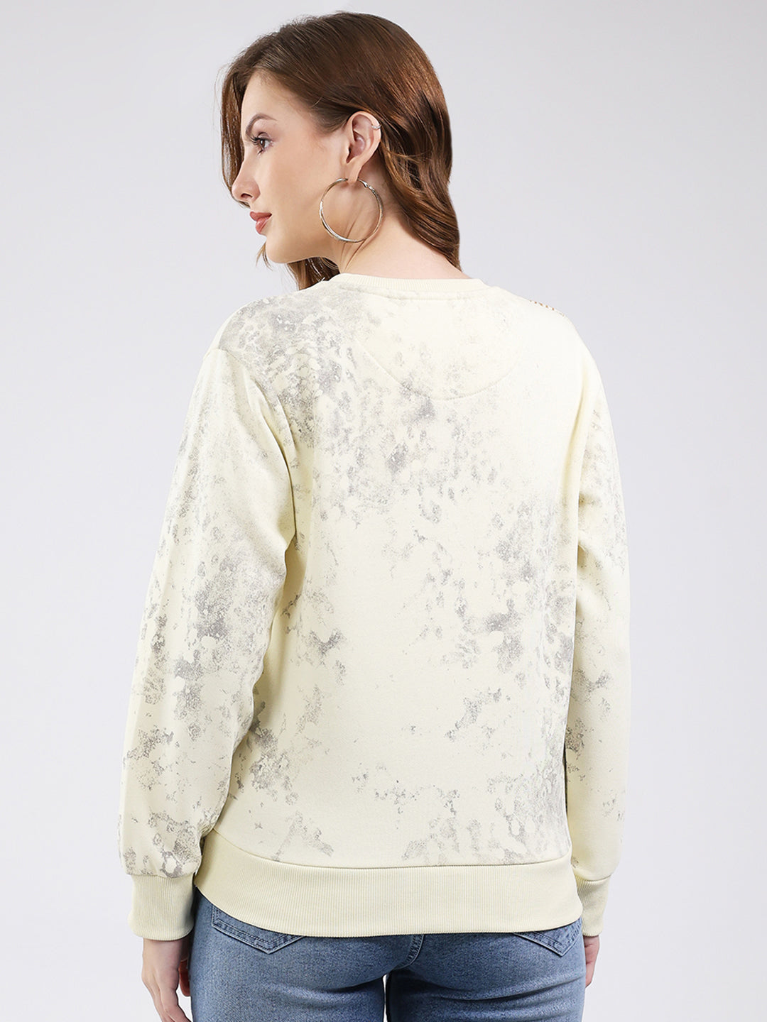 Women Off White Printed Round Neck Full Sleeve Sweatshirt