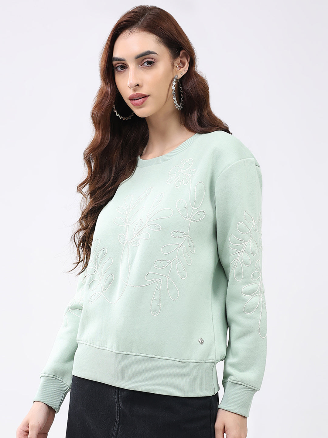 Women Green Self Design Round Neck Full Sleeve Sweatshirt