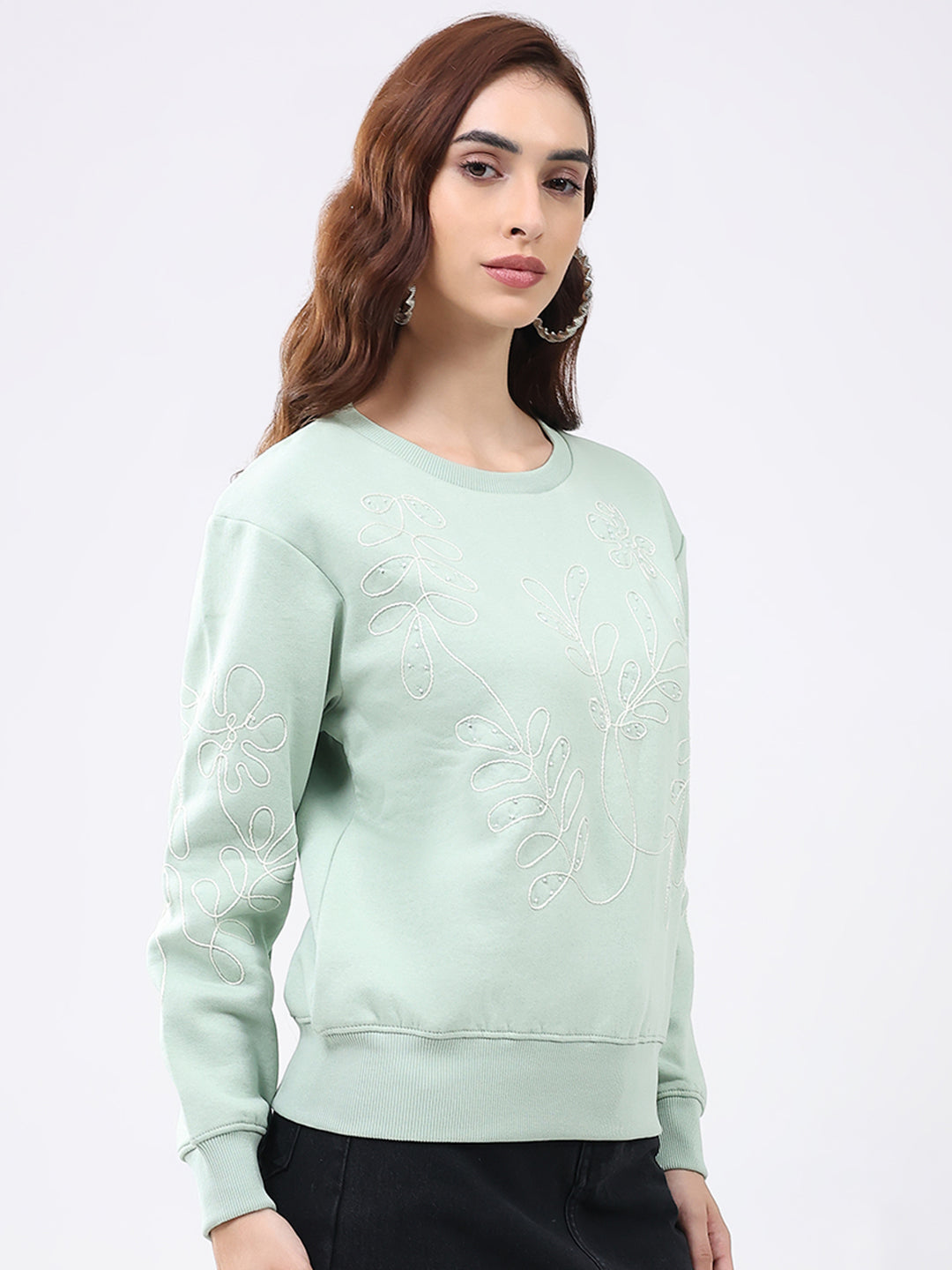 Women Green Self Design Round Neck Full Sleeve Sweatshirt
