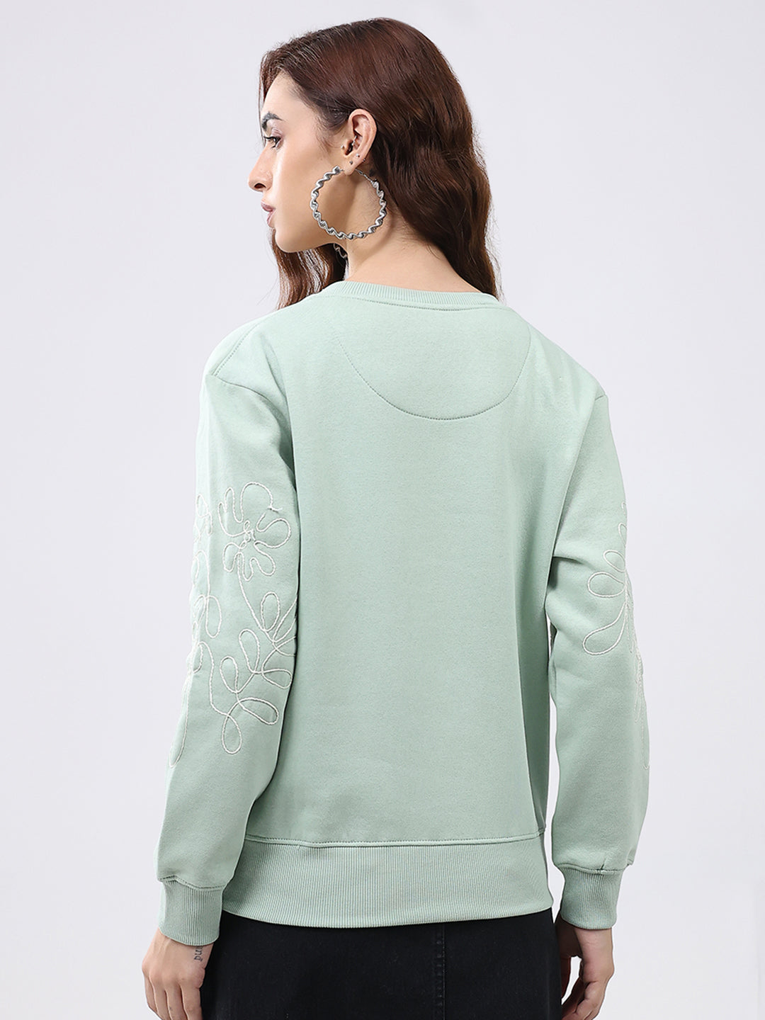 Women Green Self Design Round Neck Full Sleeve Sweatshirt