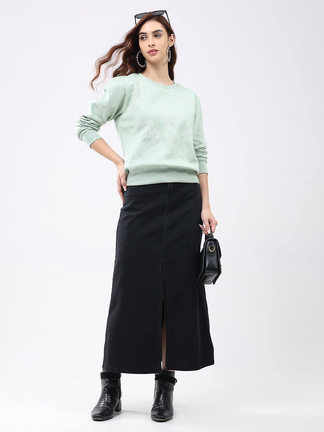 Women Green Self Design Round Neck Full Sleeve Sweatshirt