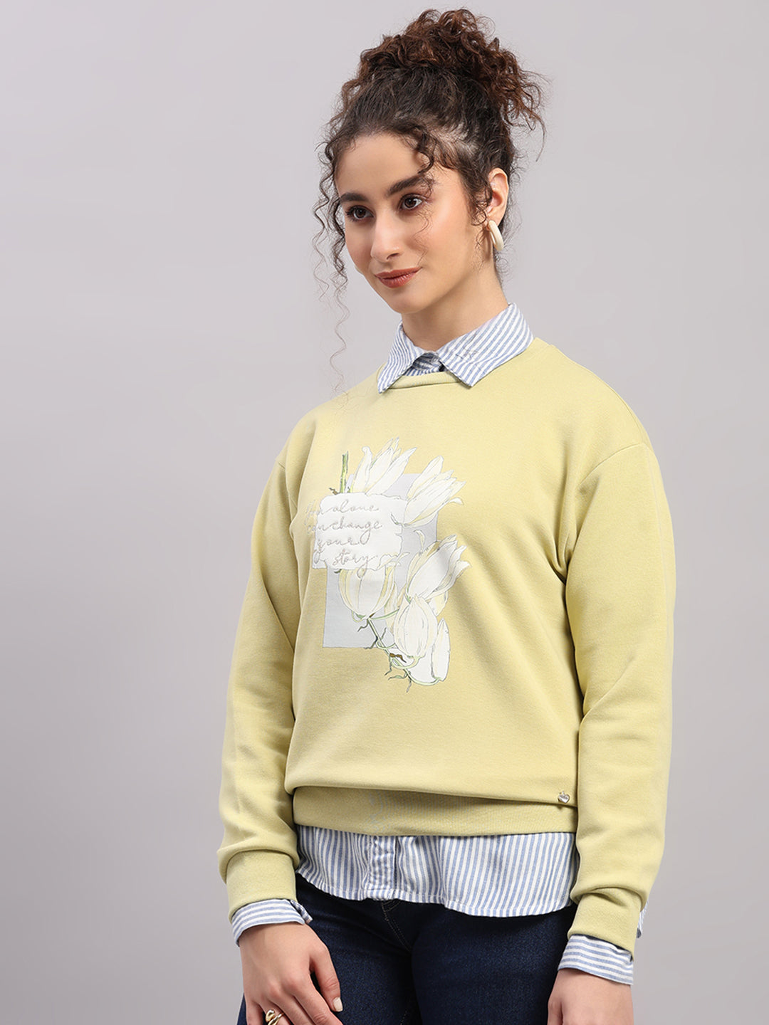 Women Green Printed Round Neck Full Sleeve Sweatshirt