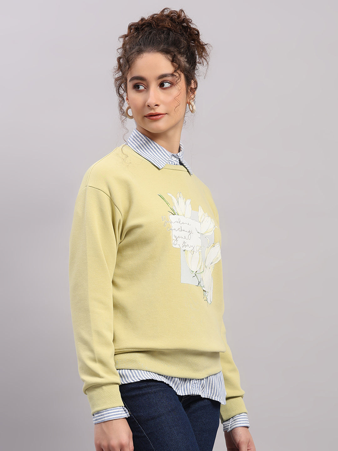 Women Green Printed Round Neck Full Sleeve Sweatshirt