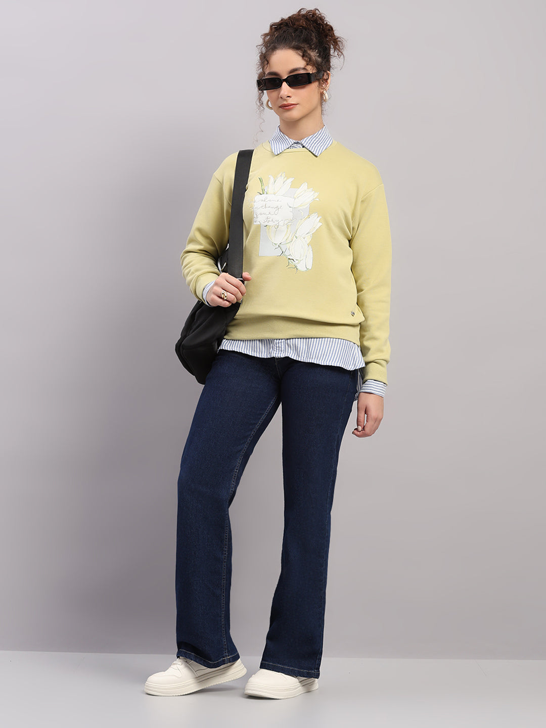 Women Green Printed Round Neck Full Sleeve Sweatshirt