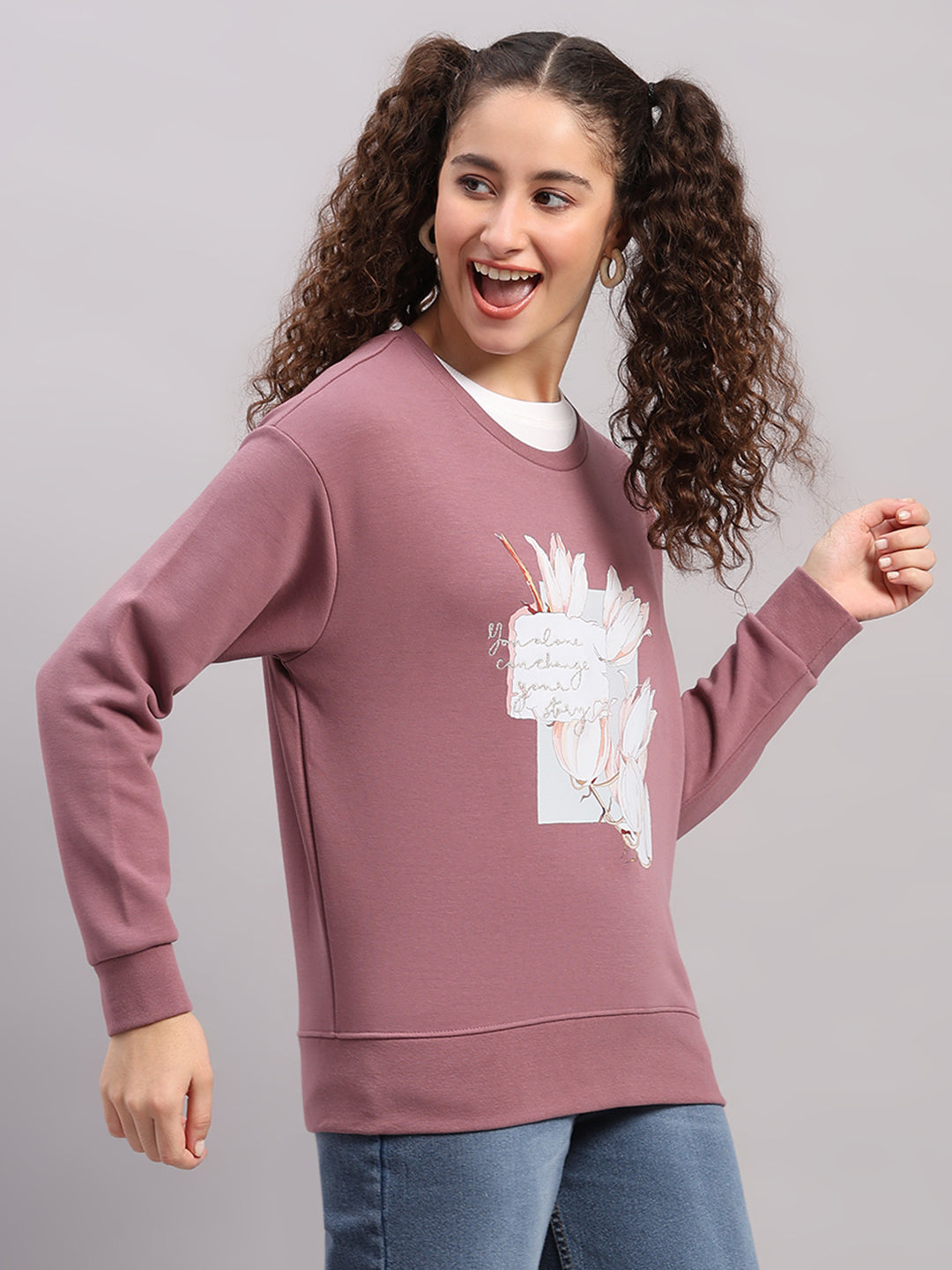 Women Mauve Printed Round Neck Full Sleeve Sweatshirt