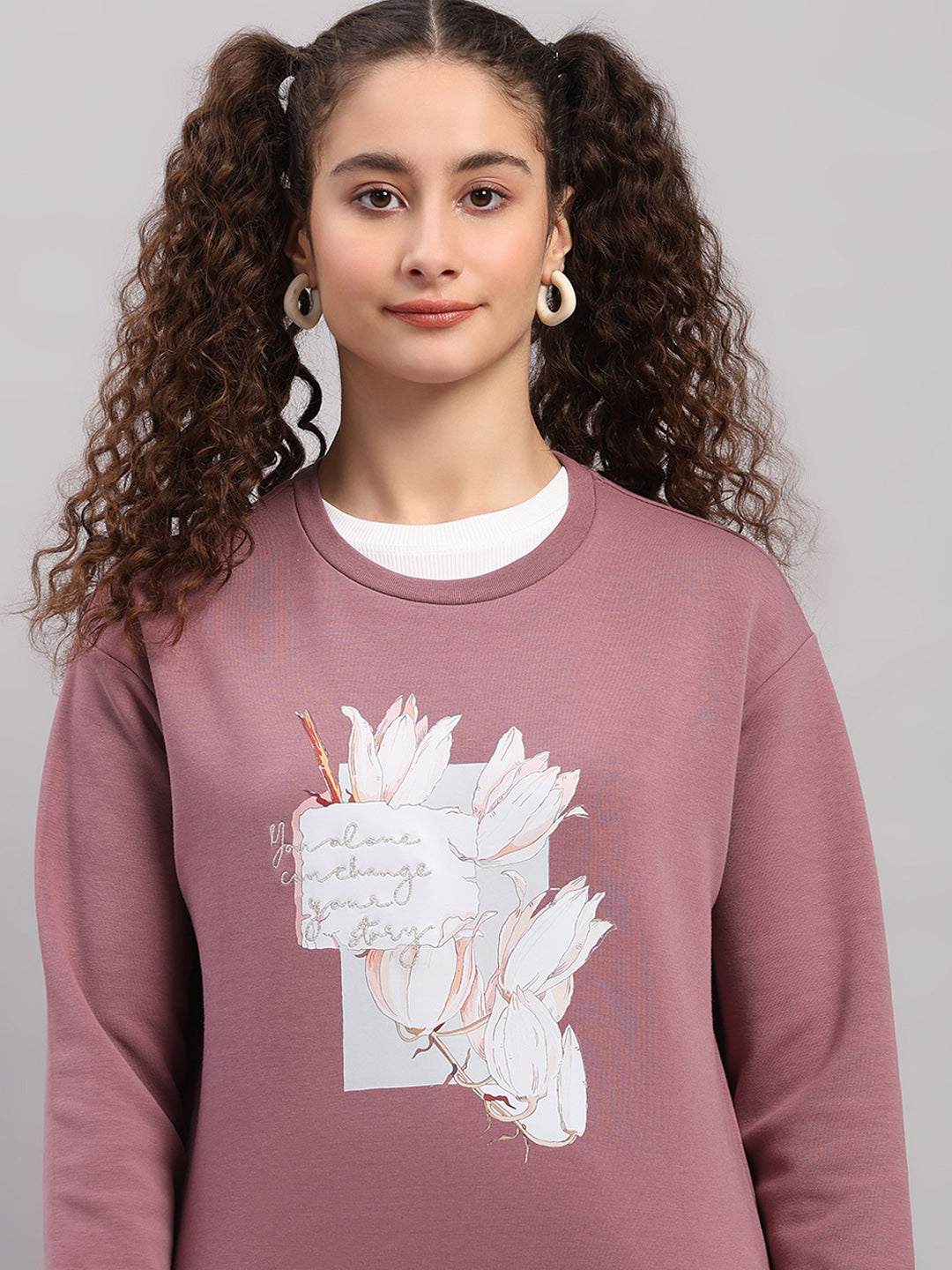 Women Mauve Printed Round Neck Full Sleeve Sweatshirt