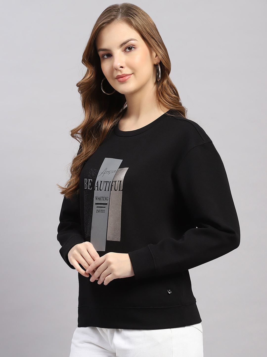 Women Black Printed Round Neck Full Sleeve Sweatshirt