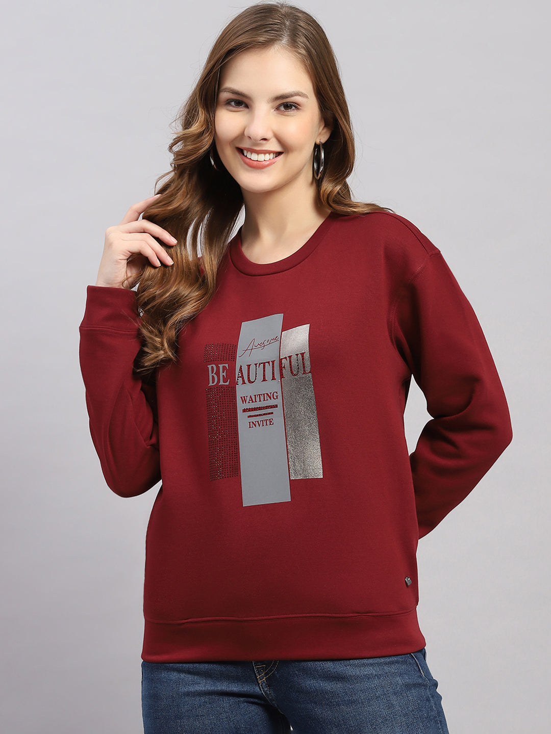 Women Maroon Printed Round Neck Full Sleeve Sweatshirt