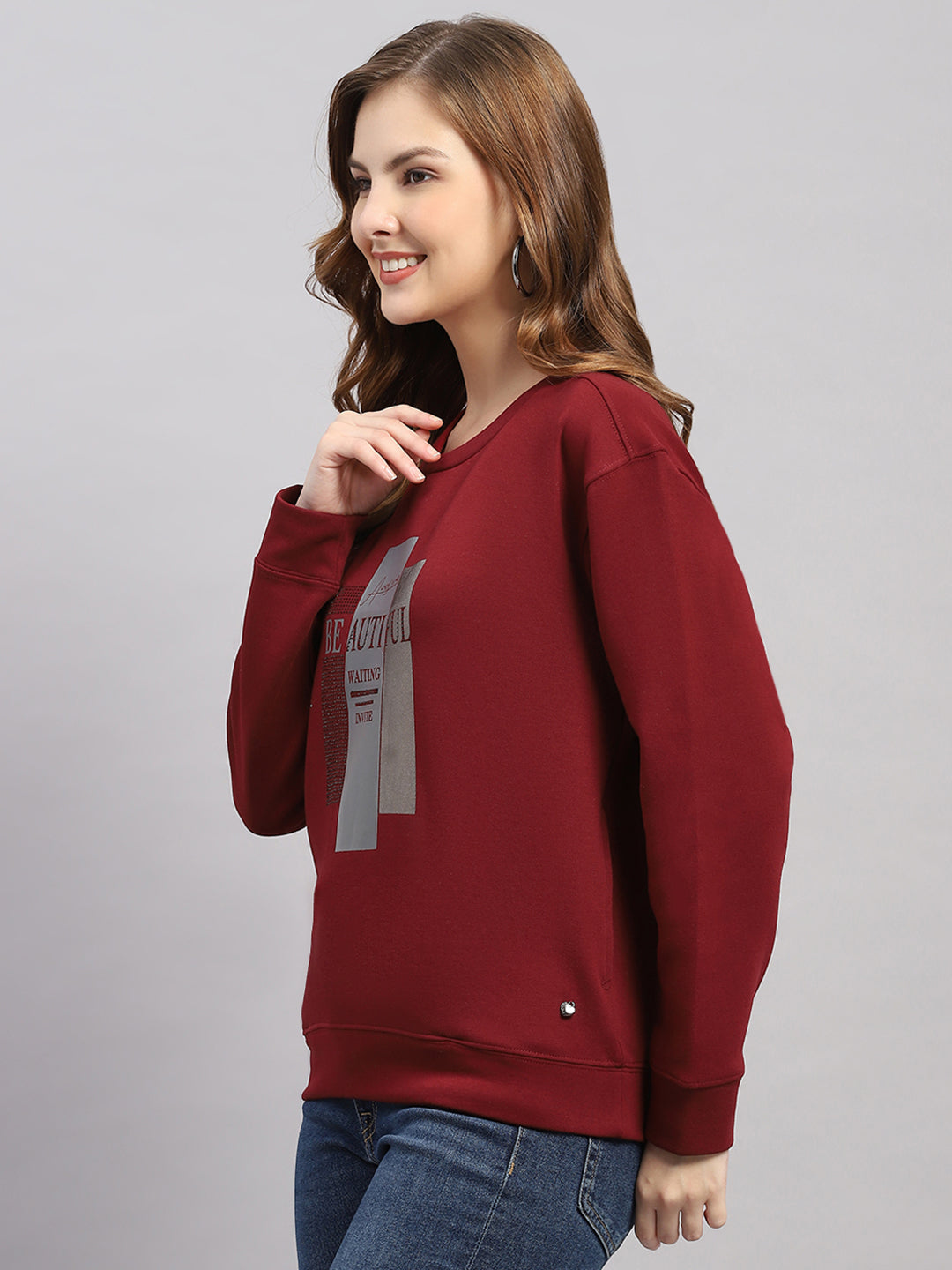 Women Maroon Printed Round Neck Full Sleeve Sweatshirt