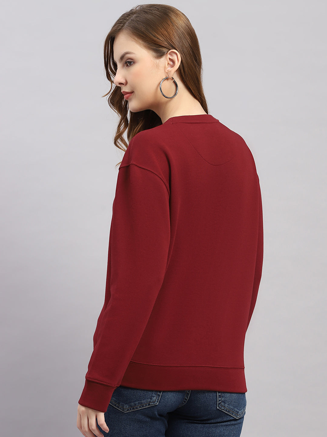 Women Maroon Printed Round Neck Full Sleeve Sweatshirt