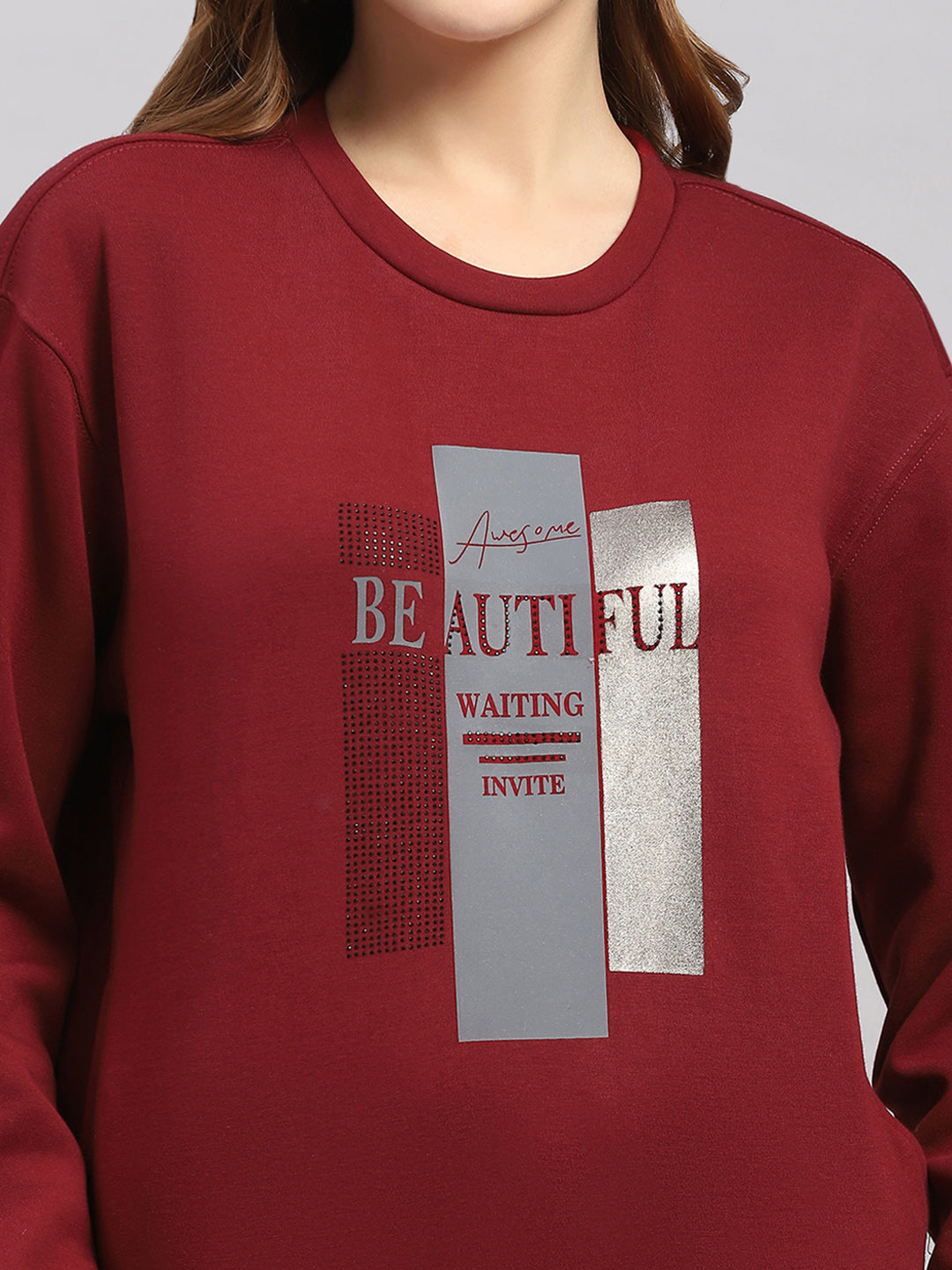 Women Maroon Printed Round Neck Full Sleeve Sweatshirt