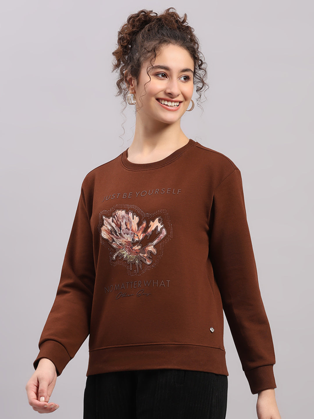 Women Brown Printed Round Neck Full Sleeve Sweatshirt