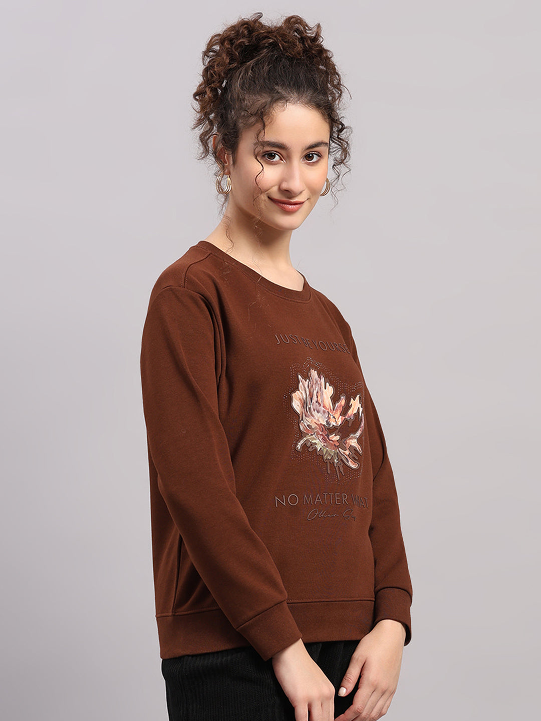 Women Brown Printed Round Neck Full Sleeve Sweatshirt