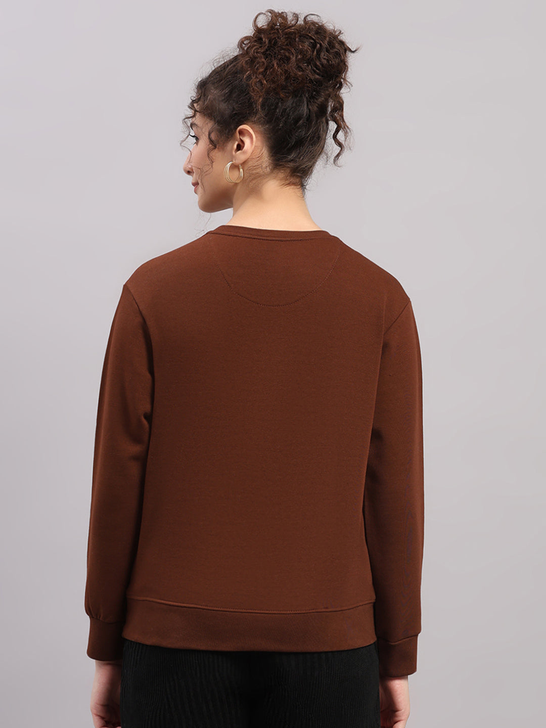 Women Brown Printed Round Neck Full Sleeve Sweatshirt