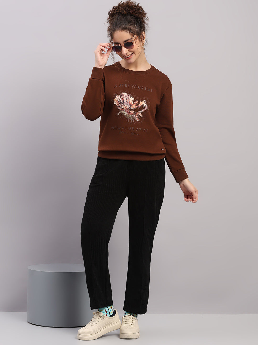 Women Brown Printed Round Neck Full Sleeve Sweatshirt