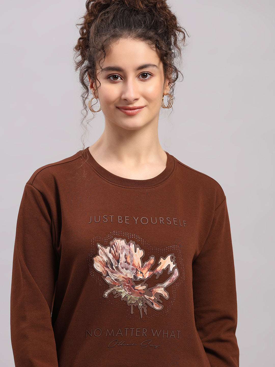 Women Brown Printed Round Neck Full Sleeve Sweatshirt