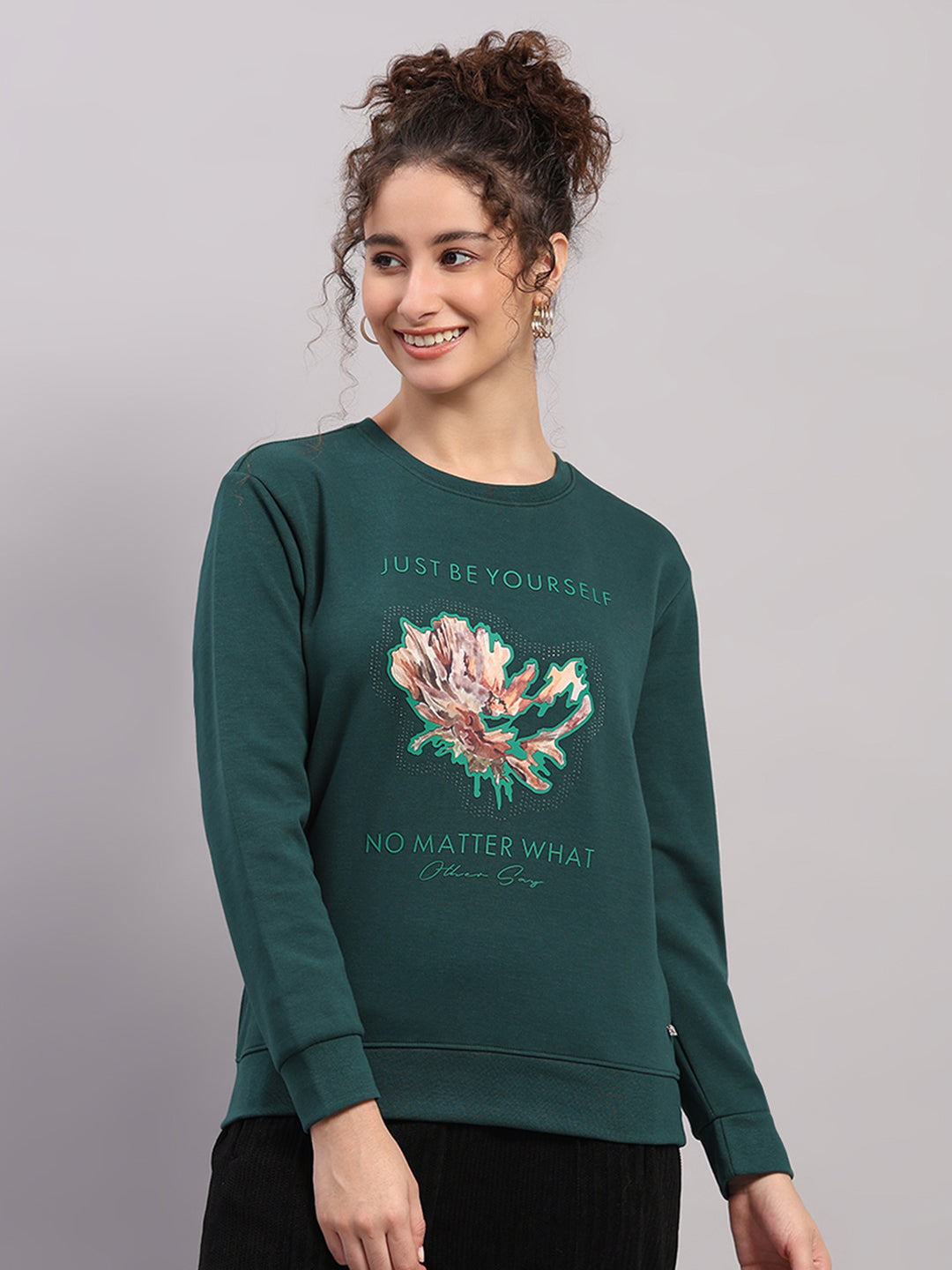 Women Green Printed Round Neck Full Sleeve Sweatshirt