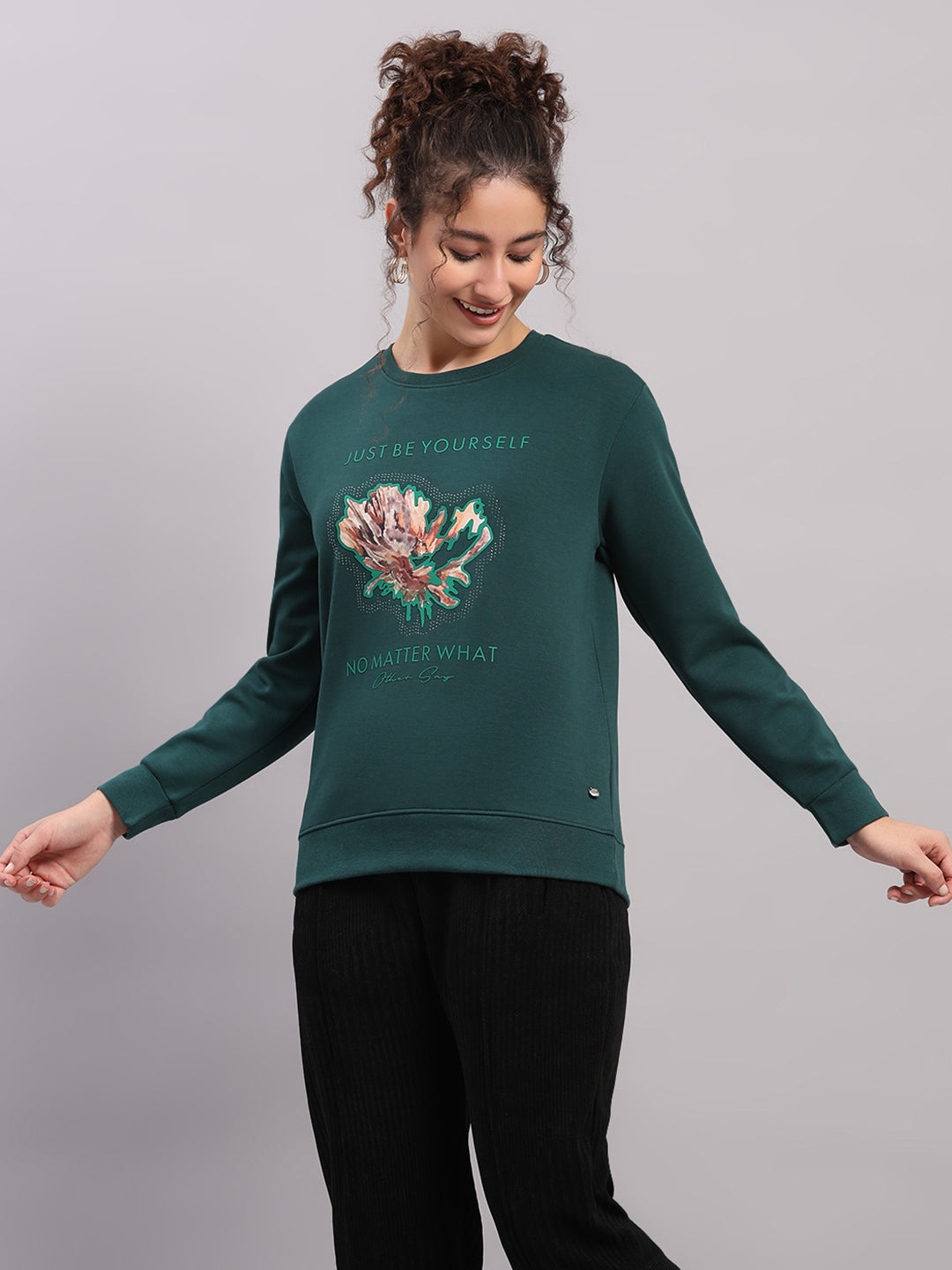 Women Green Printed Round Neck Full Sleeve Sweatshirt