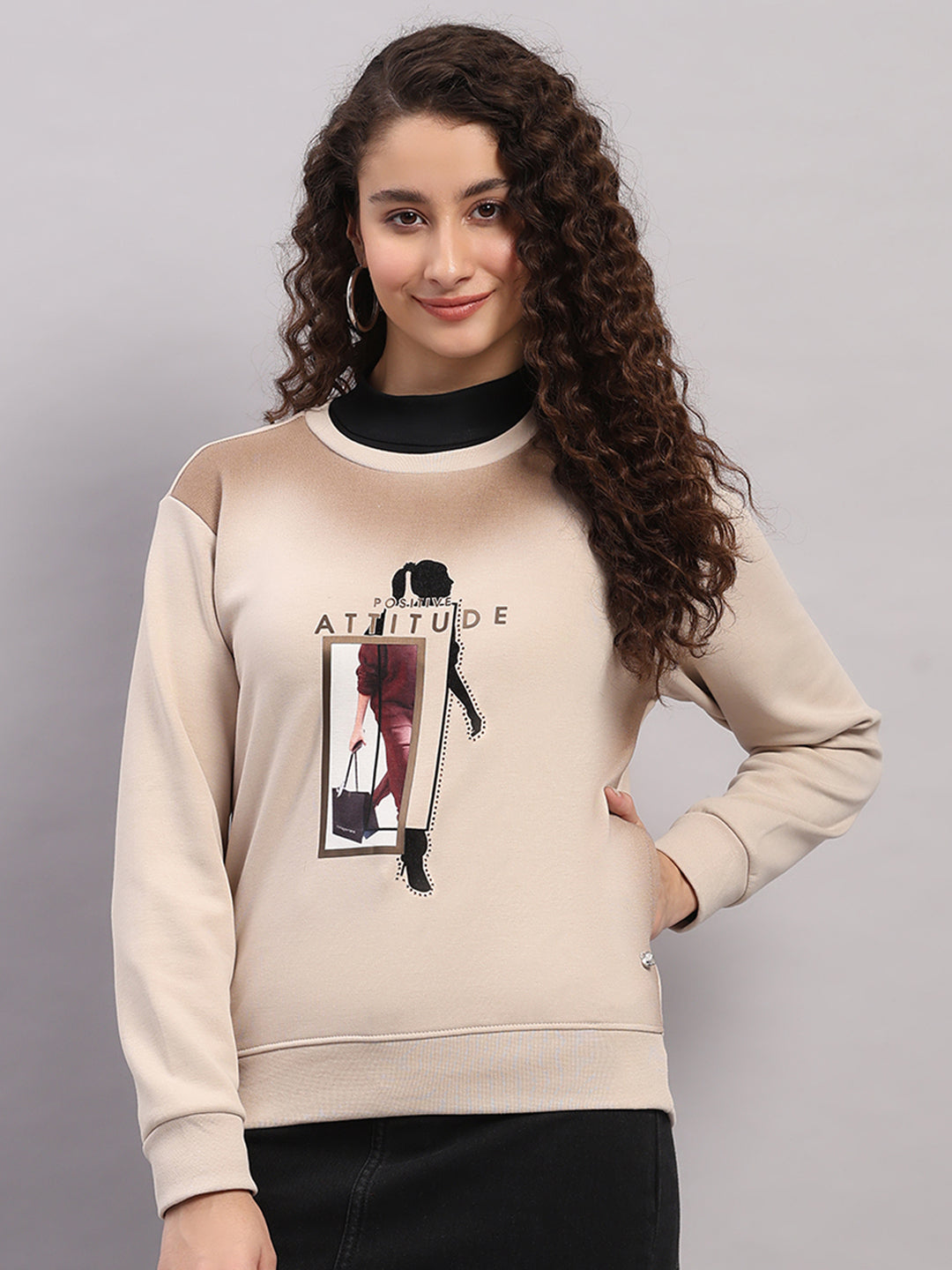 Women Beige Printed Round Neck Full Sleeve Sweatshirt