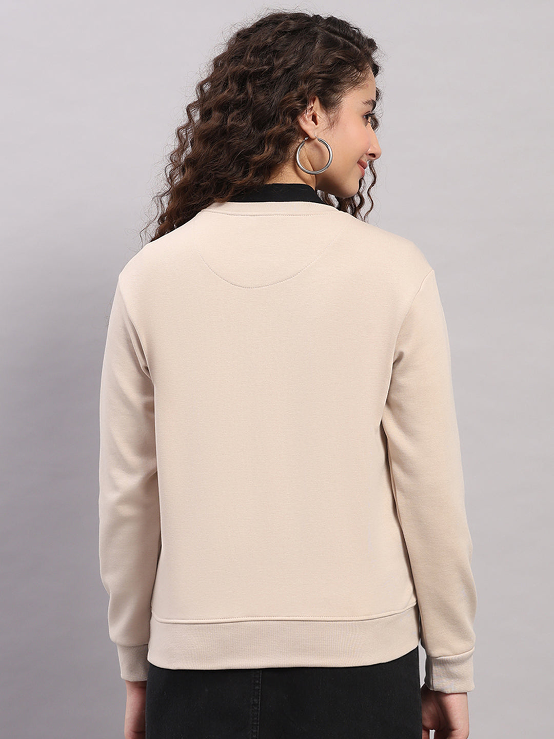 Women Beige Printed Round Neck Full Sleeve Sweatshirt