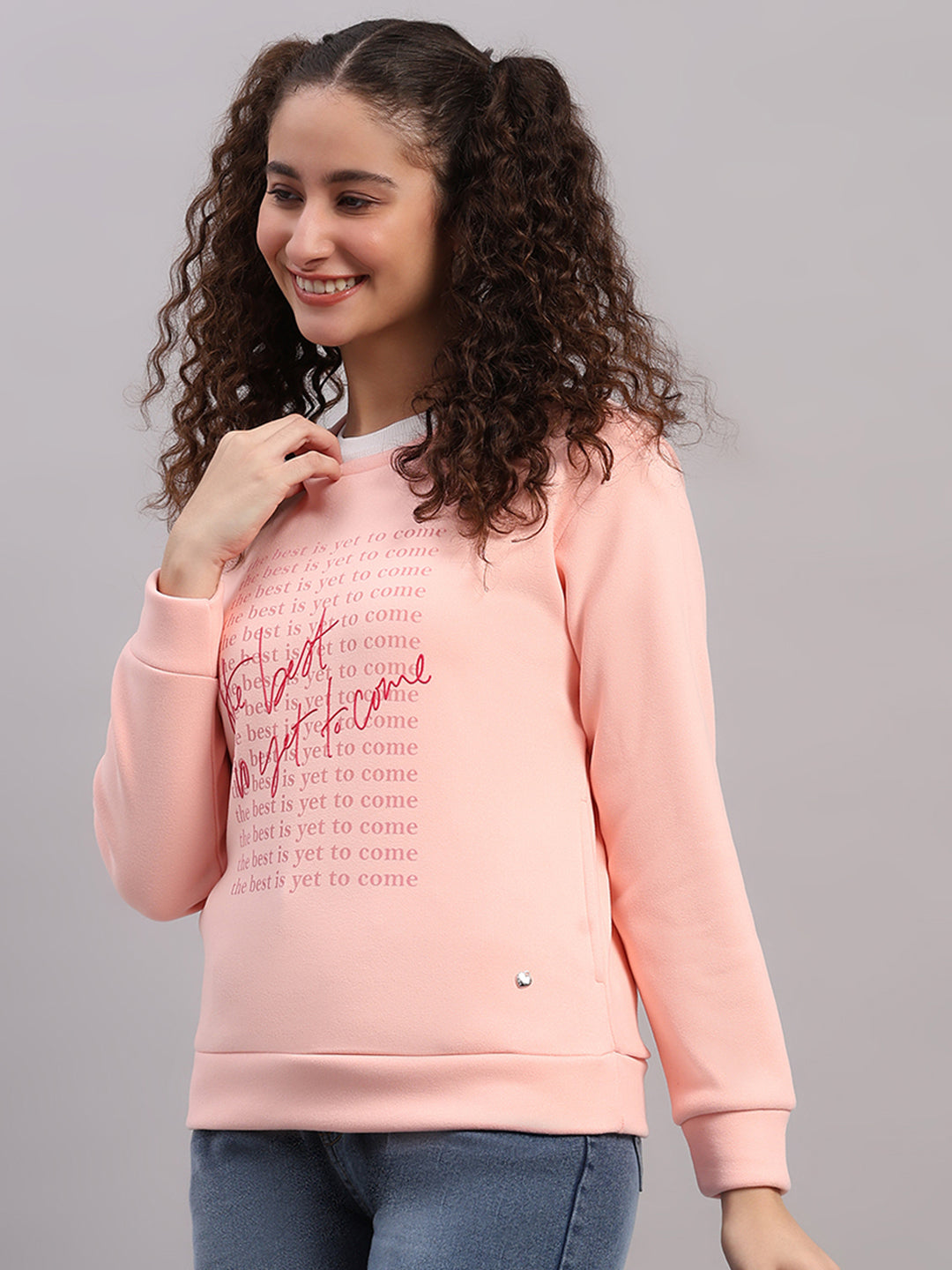 Women Pink Printed Round Neck Full Sleeve Sweatshirt