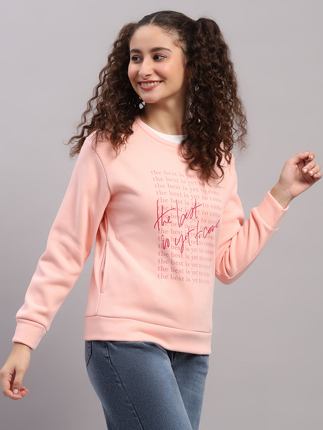 Women Pink Printed Round Neck Full Sleeve Sweatshirt