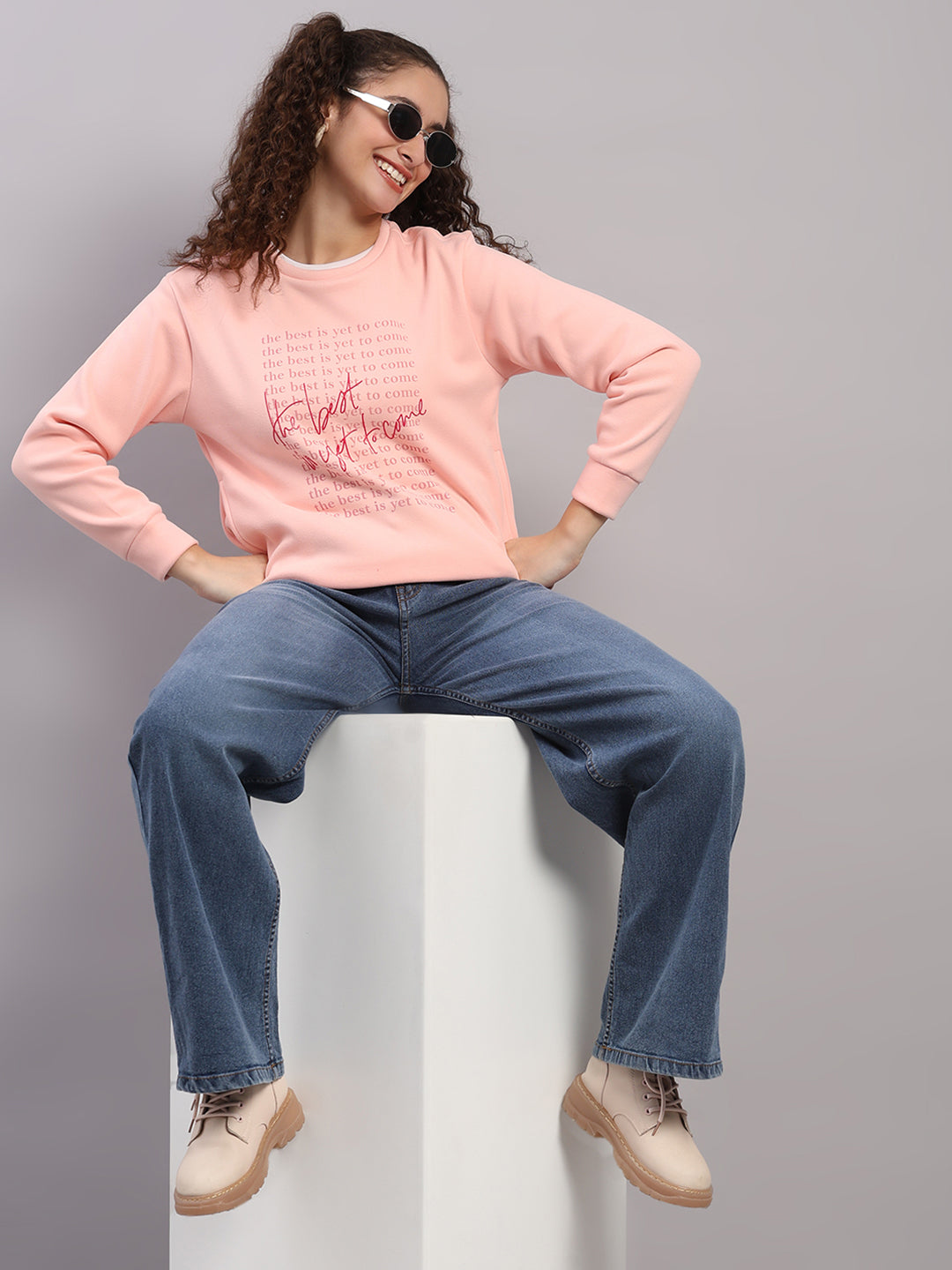 Women Pink Printed Round Neck Full Sleeve Sweatshirt