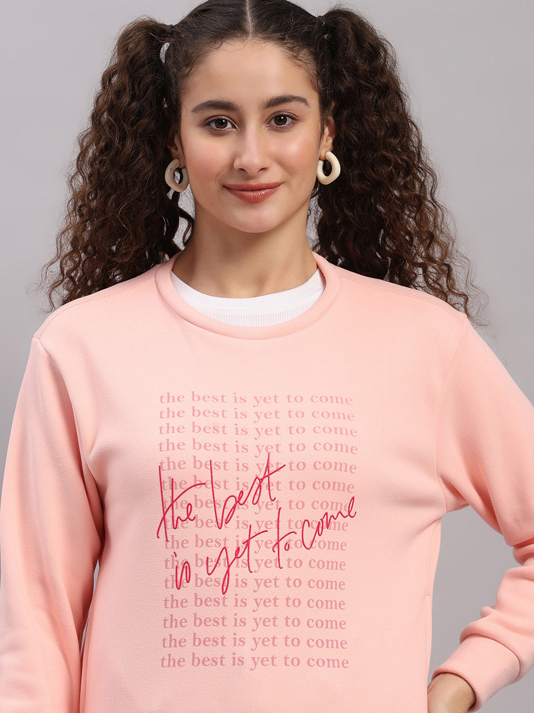 Women Pink Printed Round Neck Full Sleeve Sweatshirt
